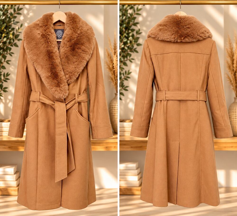Vince Camuto Camel Belted Long Coat Faux Fur Collar Size Small NWT